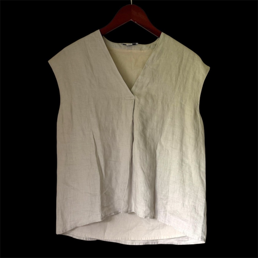 Pure Navy Women Oatmeal Beige 100% Linen V-Neck Sleeveless Shell Top Size Small